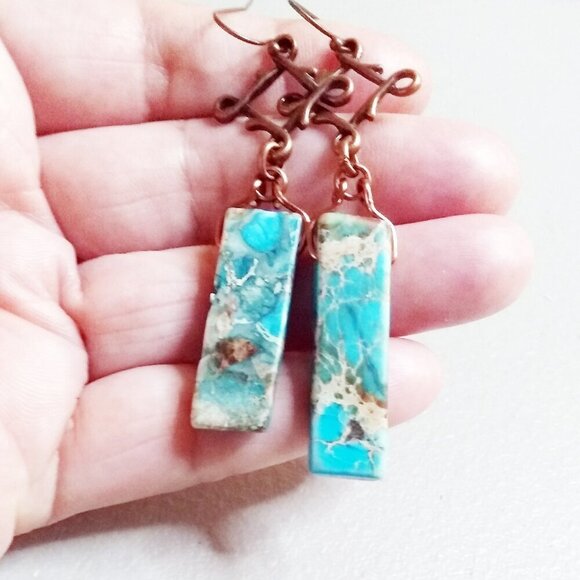 Hand Crafted Jewelry - Aqua Turquoise + Sand ~ Sea Sediment Jasper Bar + Copper Dangle Earrings
